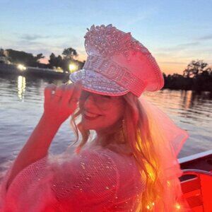 White Iridescent Flower Silver "Bride" Pearl Captain Hat